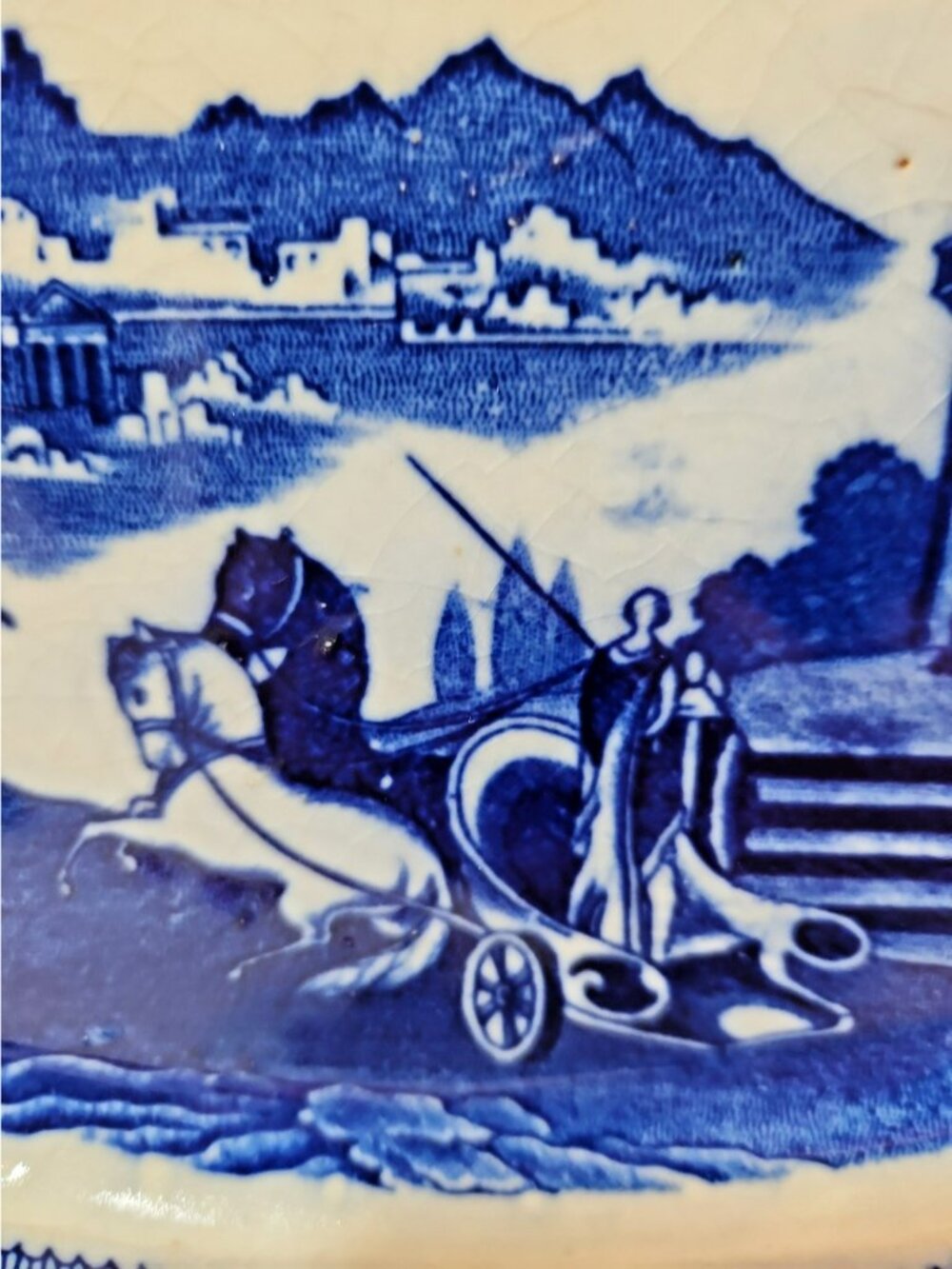 Antique Blue Transferware Oval Platter Made in Japan 9”X12” Republic Scene - Picture 9 of 13